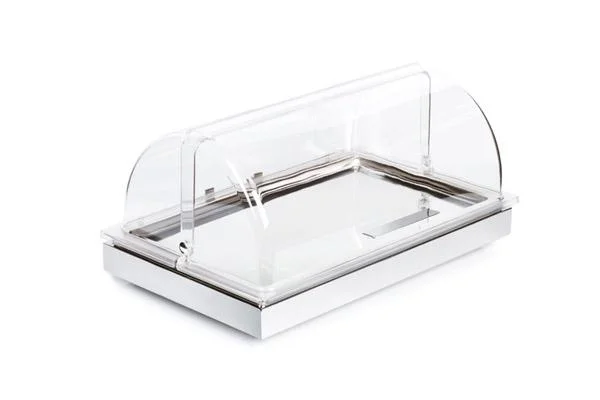 Kühlvitrine mit Edelstahlrahmen, Edelstahl-Tray und Rolltophaube