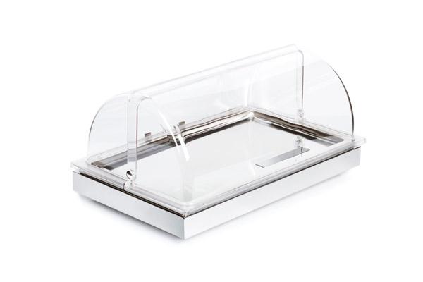 Kühlvitrine mit Edelstahlrahmen, Edelstahl-Tray und Rolltophaube